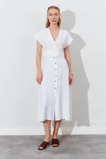 Women's Off-White Wrap-Neck Buttoned Modal Dress