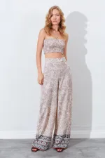 Kadın Vizon Croplu-Palozzo Pantolonlu Desenli Takım