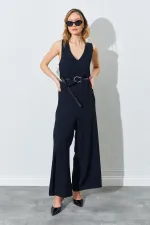 Kadın Siyah Sırtı Çapraz Bol Kesim Krep Tulum