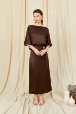 Women's Coffee 9090 Short-Sleeved Dropped Skirt Satin Set with Gold Buckle