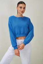 Women's Blue Crew Neck Three-Thread Oversize Crop Sweatshirt