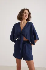 Kadın Lacivert Yarasa Kol Ön Bağlamalı Gömlek