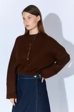 Kadın Kahve Bisiklet Yaka Basic Triko Kazak