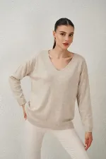 Kadın Taş Melanj V Yaka Salaş Triko Kazak