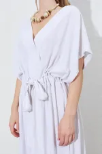 Kadın Naturel Düşük Kol Beli Tünel Kemerli Keten Uzun Elbise