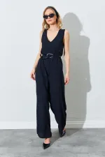 Kadın Siyah Sırtı Çapraz Bol Kesim Krep Tulum