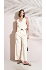 Kadın Naturel Önü Çift Pileli Palazzo Balıksırtı Gabardin Kumaş Pantolon