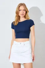 T-shirt court côtelé bleu marine pour femme (25511)