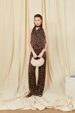 Women's Coffee 9083 Polka Dot Patterned Satin Wide-Leg Trousers and Blouse Set with Scarf and Tie-Up