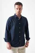 Erkek Lacivert Uzun Kol Basic Pamuk Flam Regular Gömlek