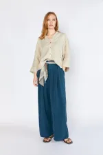 Women's Navy Blue YP5115 Double Pleated Wide Leg Tencel Trousers
