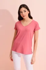 T-shirt ample à col en V rose pour femme