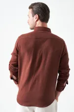 Erkek Kahve Uzun Kol Regular Basic Müslin Gömlek
