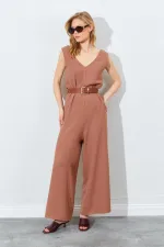 Kadın Mocha Sırtı Çapraz Bol Kesim Krep Tulum