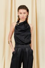 Kadın Siyah 9087 Yaka Bağlamalı Gold Tokalı Şalvar Pantolonlu Saten Takım