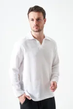Erkek Beyaz Uzun Kol V Ayaklı Yaka Regular Müslin Gömlek