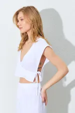 Kadın Ekru Kruveze Yaka Bağlamalı Müslin Takım