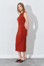 Kadın Kiremit Tek Omuz Yanı Drapeli Sandy Elbise