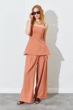 Kadın Kiremit Straplez Bluzlu Palazzo Pantolonlu Takım