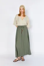Kadın Haki Eteği Kalın Dikişli Beli Lastikli Etek