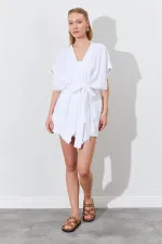 Kadın Beyaz Düşük Kol Kuşaklı Kimono