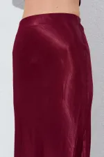Kadın Bordo Saten Uzun Etek