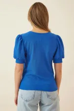 Kadın Saks Balon Kol Kare Bürümcük Kumaş Bluz