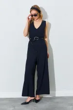 Kadın Siyah Sırtı Çapraz Bol Kesim Krep Tulum