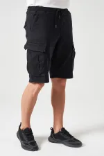 Short cargo noir en maille pour homme avec taille côtelée