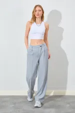 Kadın Gri Yan Düğmeli Poliviskon Pantolon