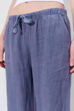 Women's Grey Linen Wide Leg Trousers with Drawstring Waist and Side Pockets