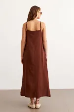 Women's Coffee Brown Strappy Muslin Long Dress with Side Slit