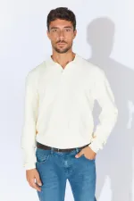 Erkek Ekru Ayaklı V Yaka Fitilli Basic Triko