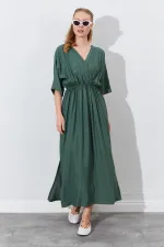 Kadın Haki Düşük Kol Yanları Yırtmaçlı Uzun Elbise