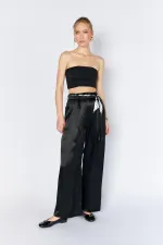 Women's Black Wide-Leg Trousers with Scarf Waistband and Flush Satin