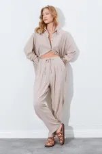 Kadın Koyu Bej Beli Lastikli Havuç Kesim Keten Pantolon