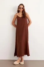 Women's Coffee Brown Strappy Muslin Long Dress with Side Slit