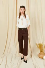 Kadın Koyu Kahve 3523 Cep Görünümlü Çift Fletolu  Kemerli Joger Pantolon