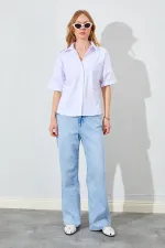 Kadın Beyaz Düşük Kol Tek Cepli Gömlek