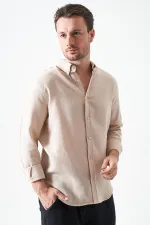 Erkek Bej Uzun Kol Regular Basic Müslin Gömlek
