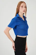 Kadın Saks Bürümcük Tek Cep Crop Gömlek