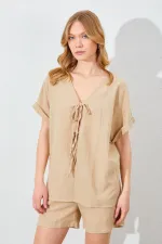 Kadın Vizon Düşük Kol Bağlamalı Bluzlu Şortlu Keten Takım