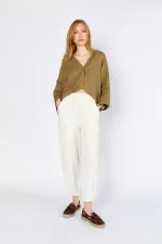 Kadın Ekru (5456) Önü Dikişli Balon Kesim Tencel Pantolon