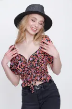 Kadın Desen-1 Gipeli Ön Büzgülü Crop Bluz
