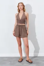 Kadın Vizon Crop Bluz Şort Keten Takım