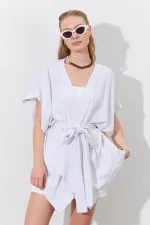 Kadın Naturel Düşük Kol Kuşaklı Kimono