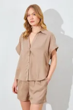 Kadın Vizon Oversize Düşük Kol Gömlek Şortlu Takım