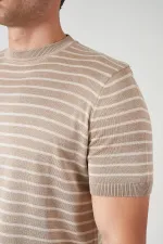 Erkek Bej Bisiklet Yaka Çizgili Triko Tişört