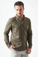 Erkek Haki Uzun Kol Ripaş Dalgıç Slim Fit Gömlek