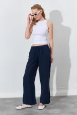 Women's Navy Blue Linen Wide Leg Trousers with Drawstring Waist and Side Pockets